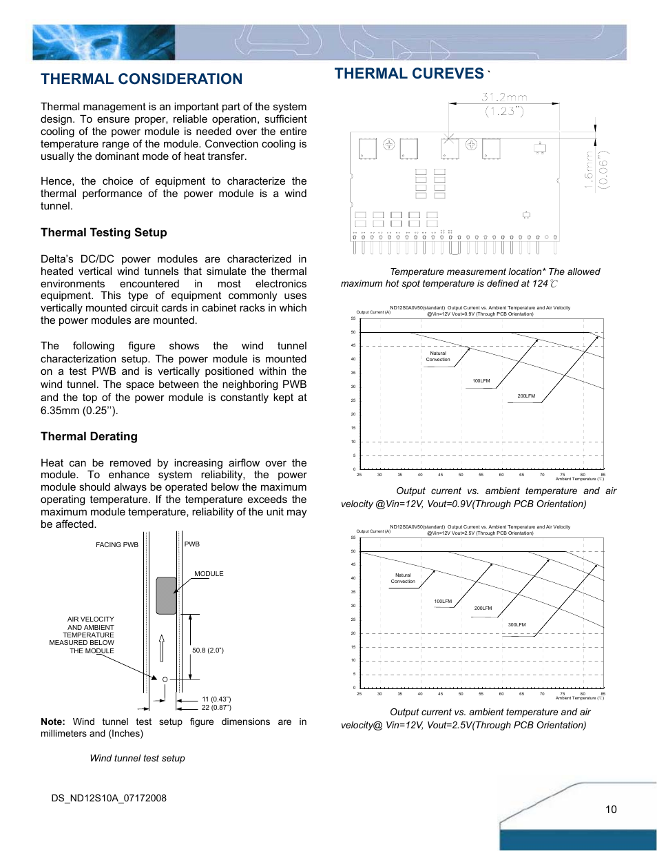 Thermal cureves, Thermal consideration, Thermal testing setup | Thermal derating, Figure 31: wind tunnel test setup | Delta Electronics Delphi ND Series User Manual | Page 10 / 12
