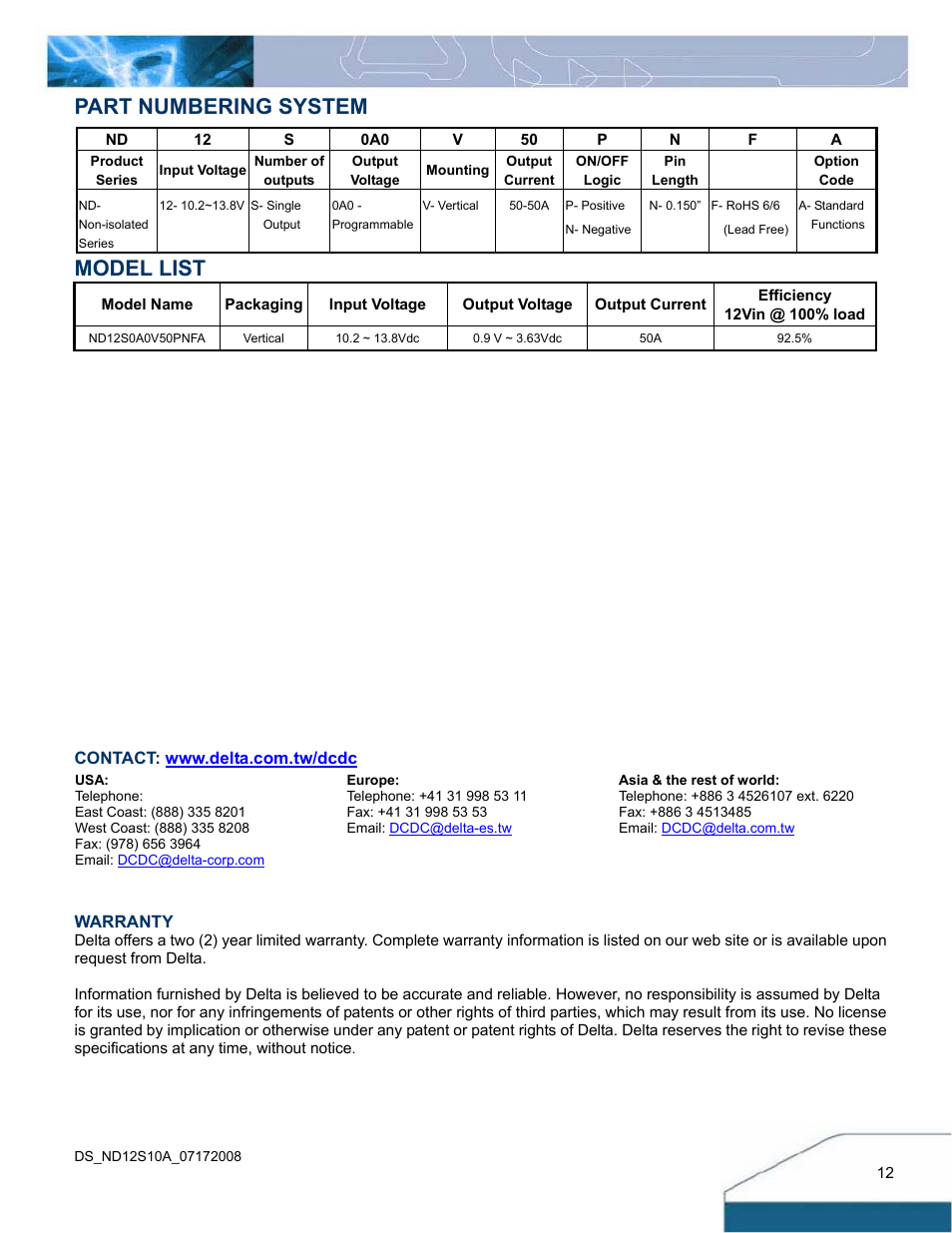 Part numbering system model list | Delta Electronics Delphi ND Series User Manual | Page 12 / 12