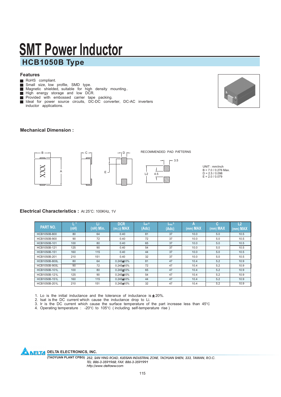 Delta Electronics SMT Power Inductor HCB1050B User Manual | 1 page