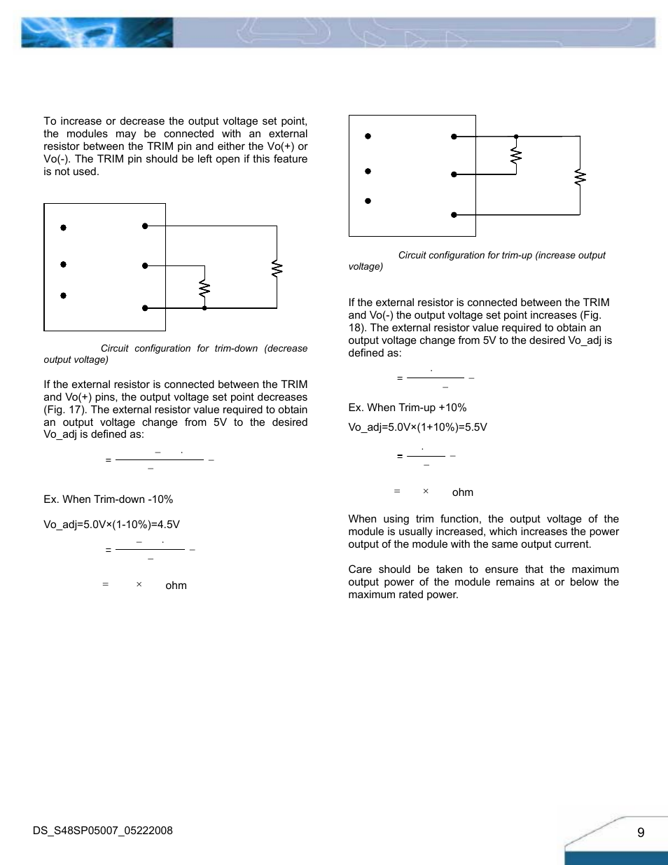 Features descriptions (con.), Output voltage adjustment | Delta Electronics S48SP User Manual | Page 9 / 14
