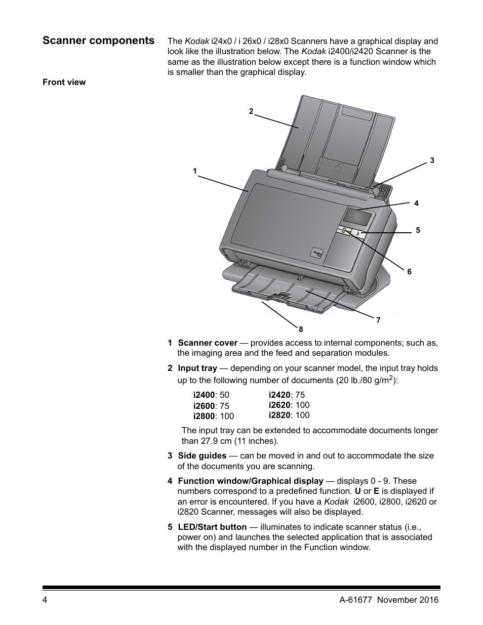 Scanner components, Front view | Kodak i2420 User Manual | Page 10 / 48