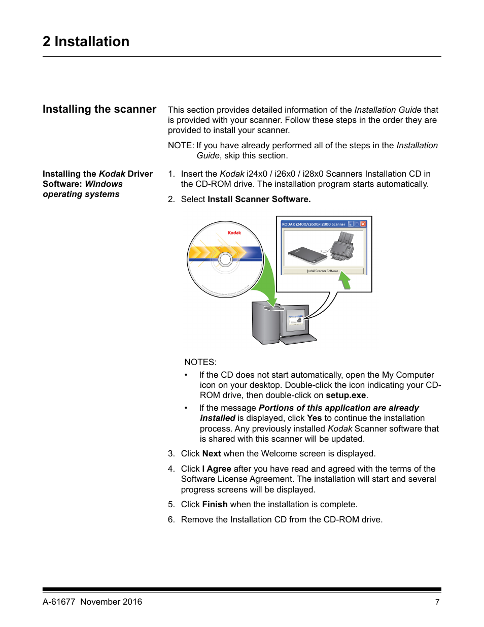 2 installation, Installing the scanner | Kodak i2420 User Manual | Page 13 / 48