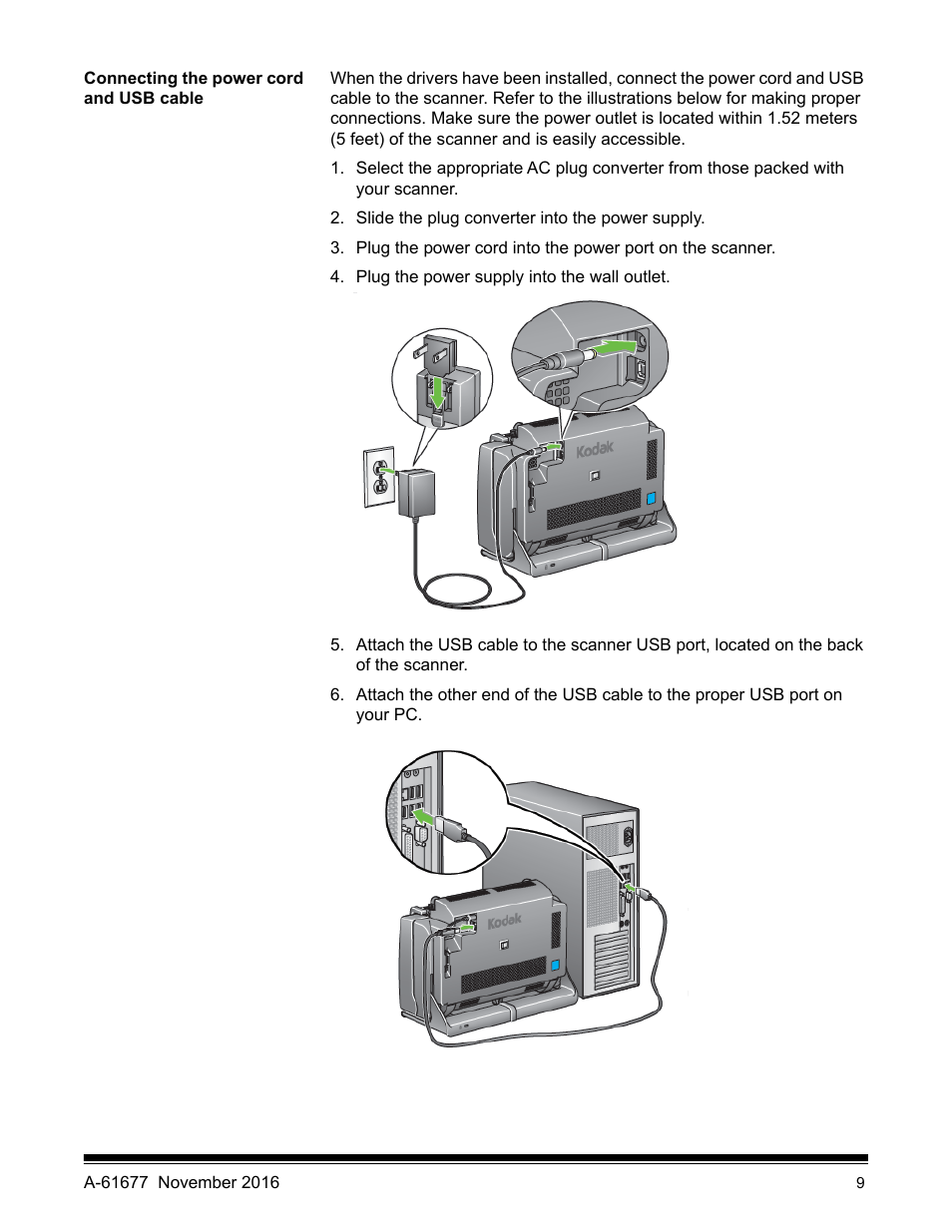 Connecting the power cord and usb cable | Kodak i2420 User Manual | Page 15 / 48