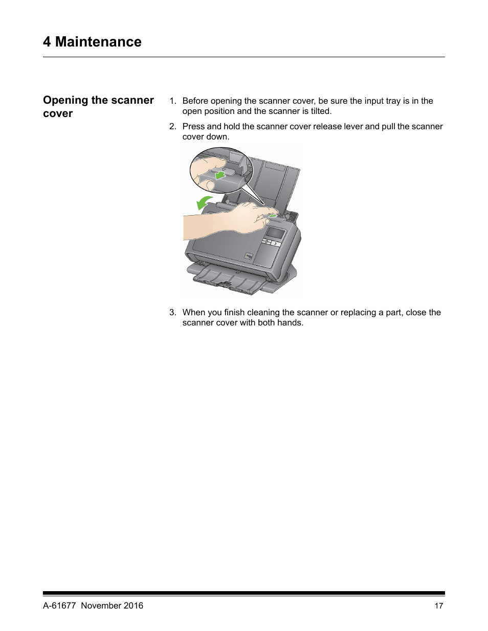 4 maintenance, Opening the scanner cover | Kodak i2420 User Manual | Page 23 / 48