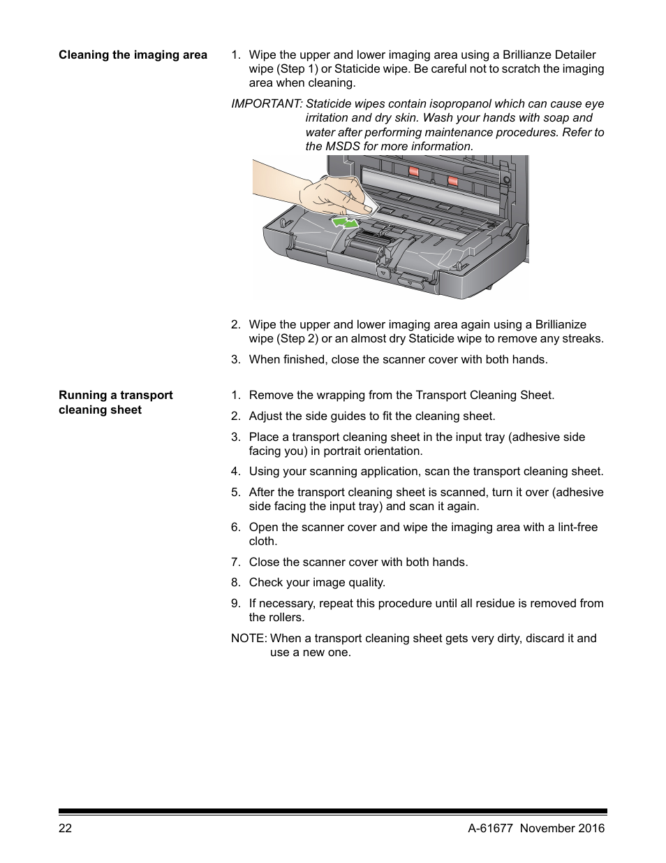 Cleaning the imaging area, Running a transport cleaning sheet | Kodak i2420 User Manual | Page 28 / 48