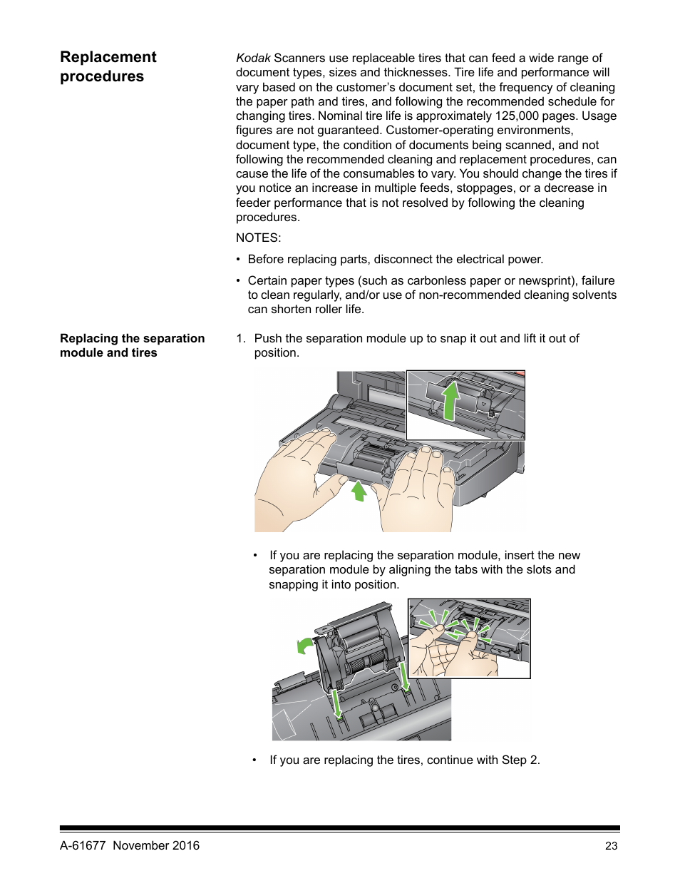 Replacement procedures, Replacing the separation module and tires | Kodak i2420 User Manual | Page 29 / 48
