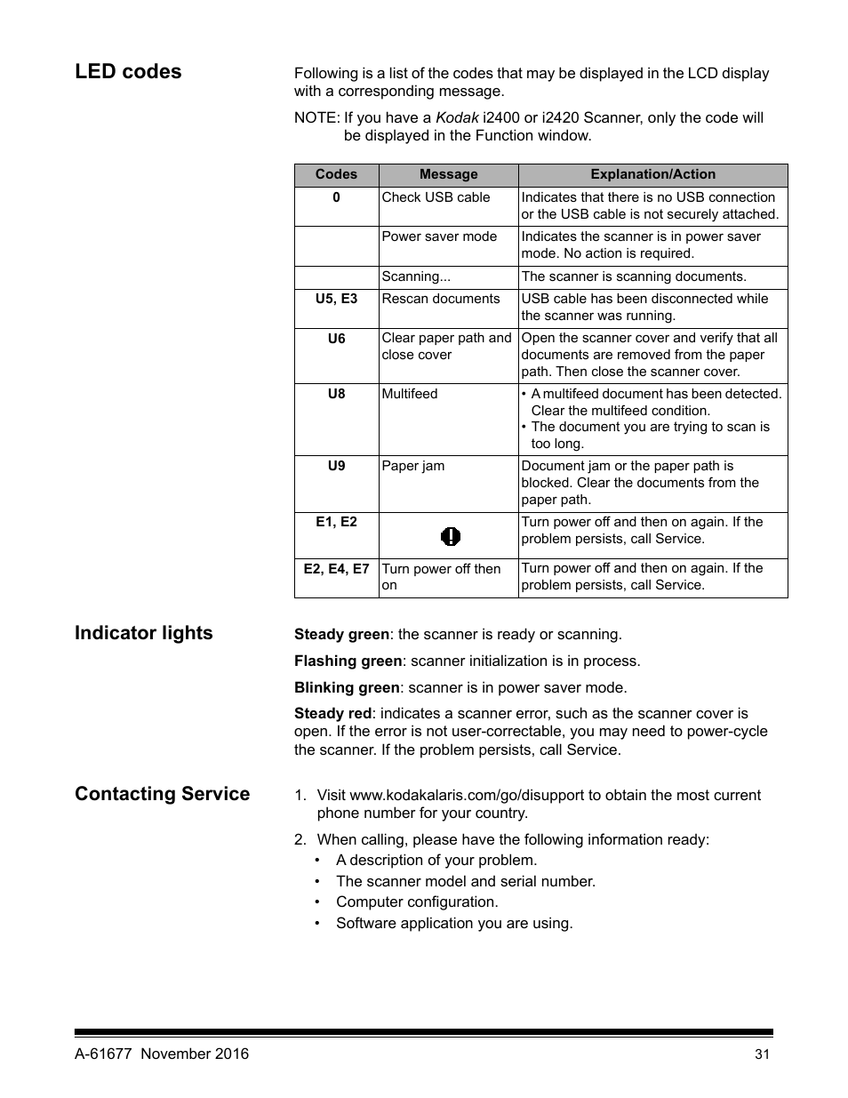 Led codes, Indicator lights, Contacting service | Led codes indicator lights contacting service | Kodak i2420 User Manual | Page 37 / 48