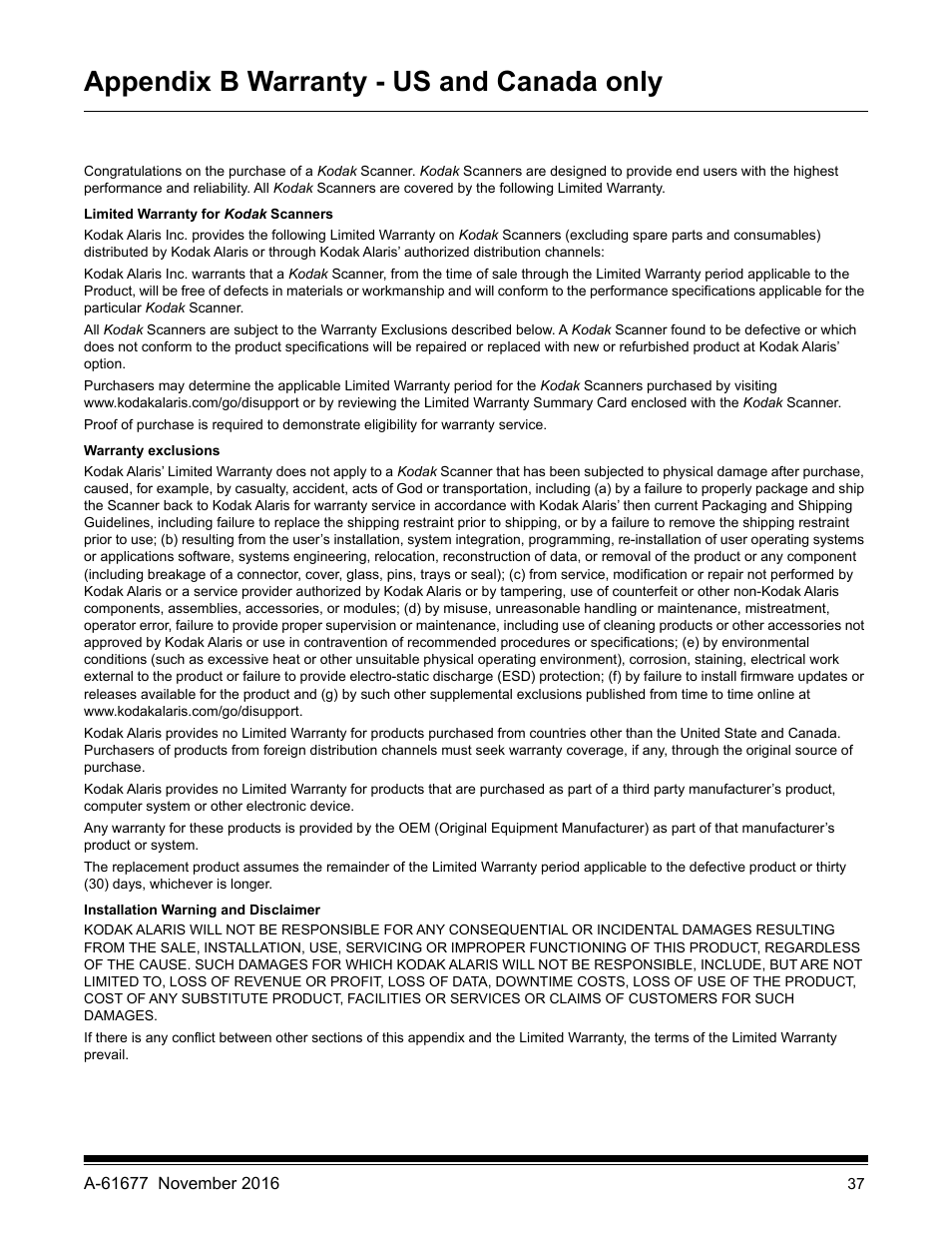 Appendix b warranty - us and canada only | Kodak i2420 User Manual | Page 43 / 48