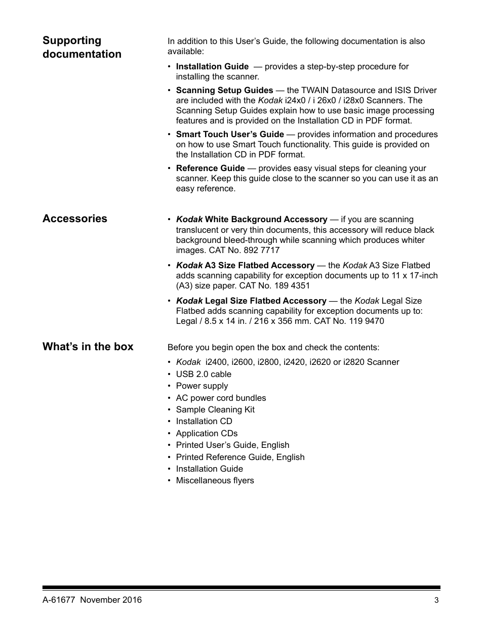 Supporting documentation, Accessories, What’s in the box | Kodak i2420 User Manual | Page 9 / 48