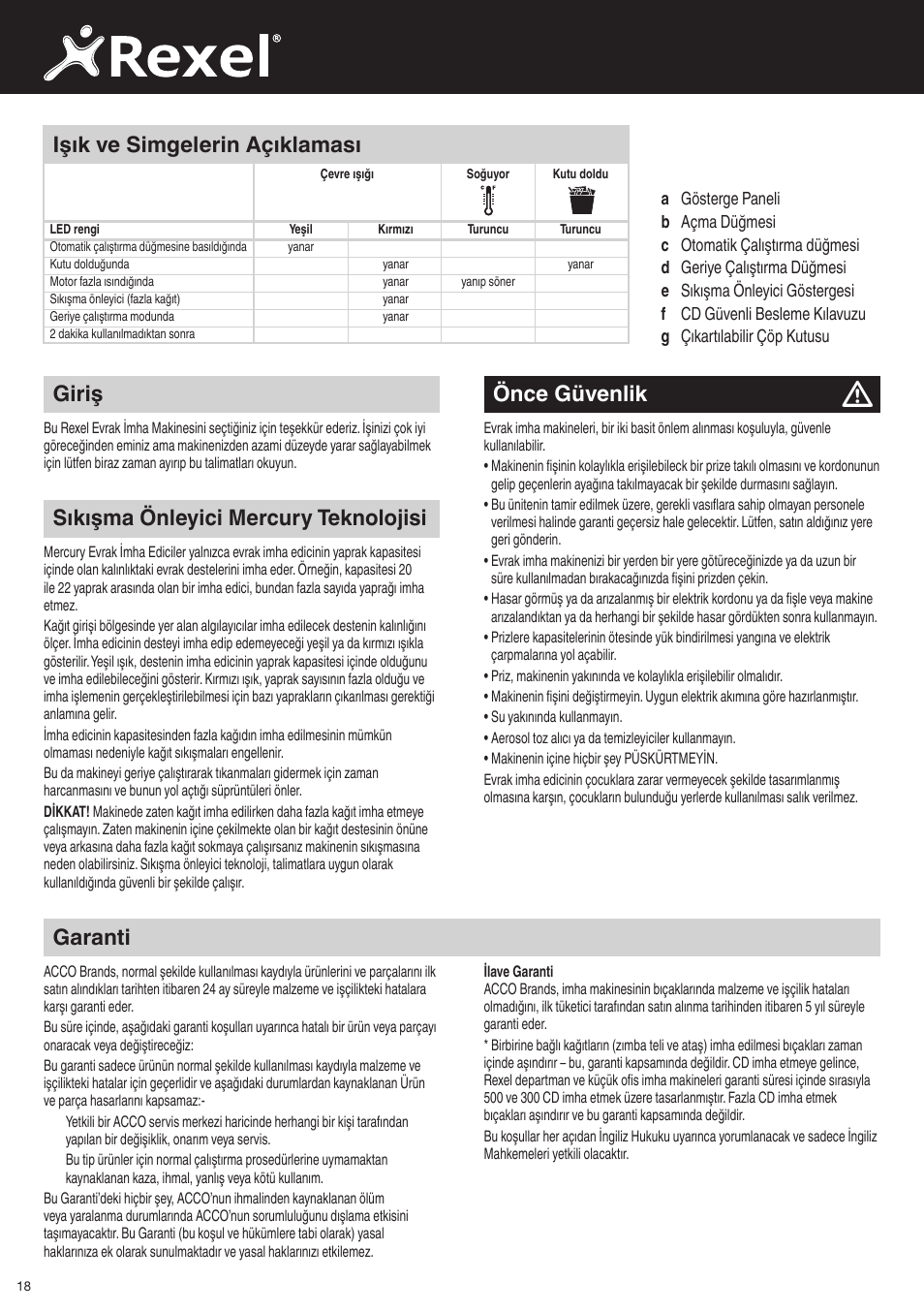 Önce güvenlik, Sıkışma önleyici mercury teknolojisi, Garanti | Giriş, Işık ve simgelerin açıklaması | Rexel Mercury RSX1834 User Manual | Page 18 / 42