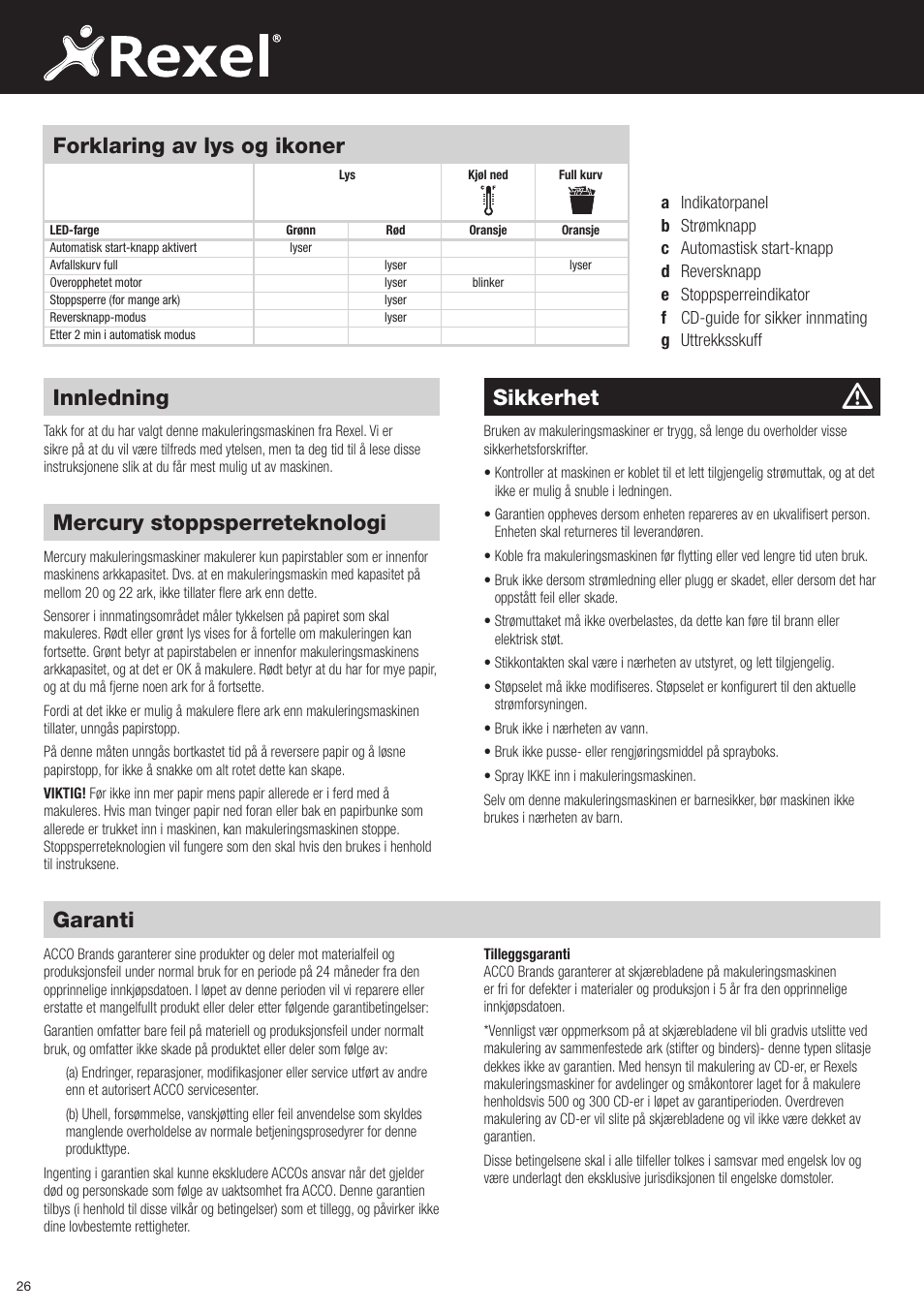 Sikkerhet, Mercury stoppsperreteknologi, Garanti | Innledning, Forklaring av lys og ikoner | Rexel Mercury RSX1834 User Manual | Page 26 / 42