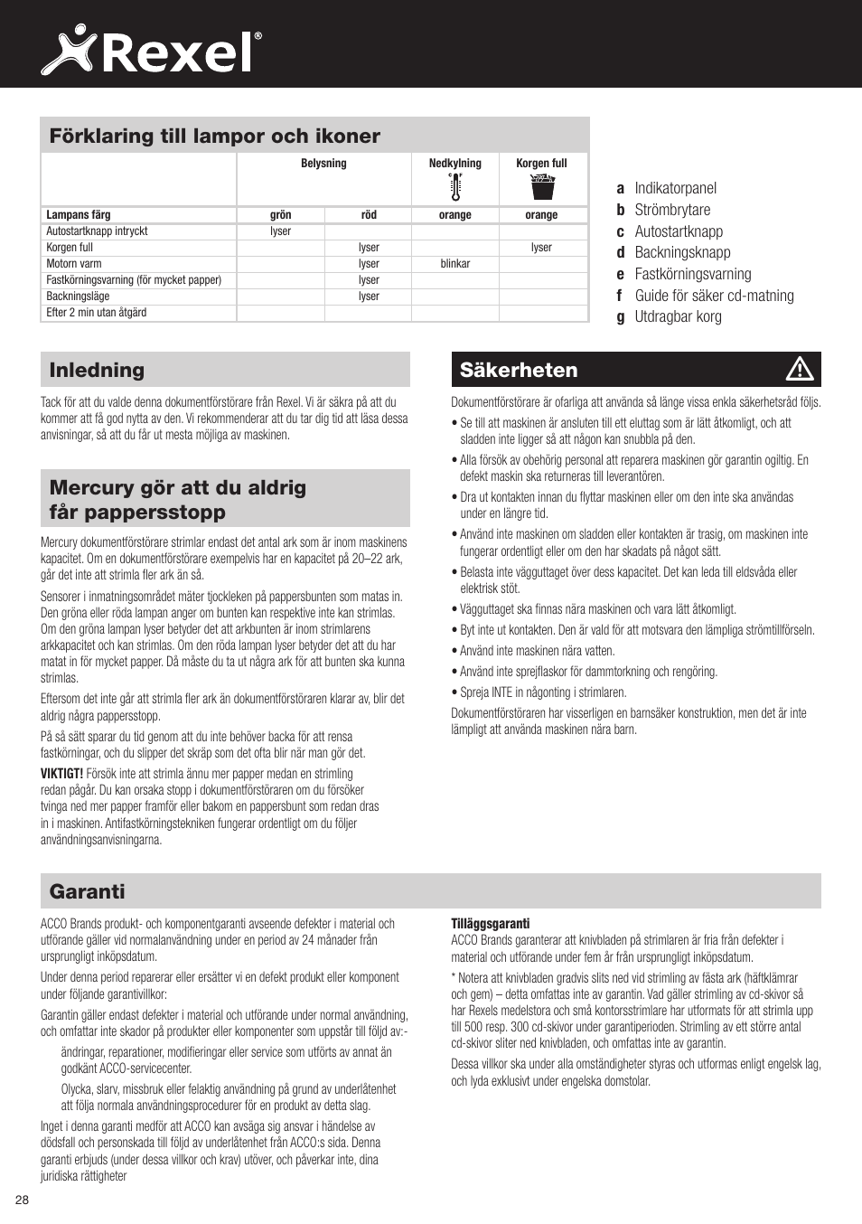Säkerheten, Mercury gör att du aldrig får pappersstopp, Garanti | Inledning, Förklaring till lampor och ikoner | Rexel Mercury RSX1834 User Manual | Page 28 / 42