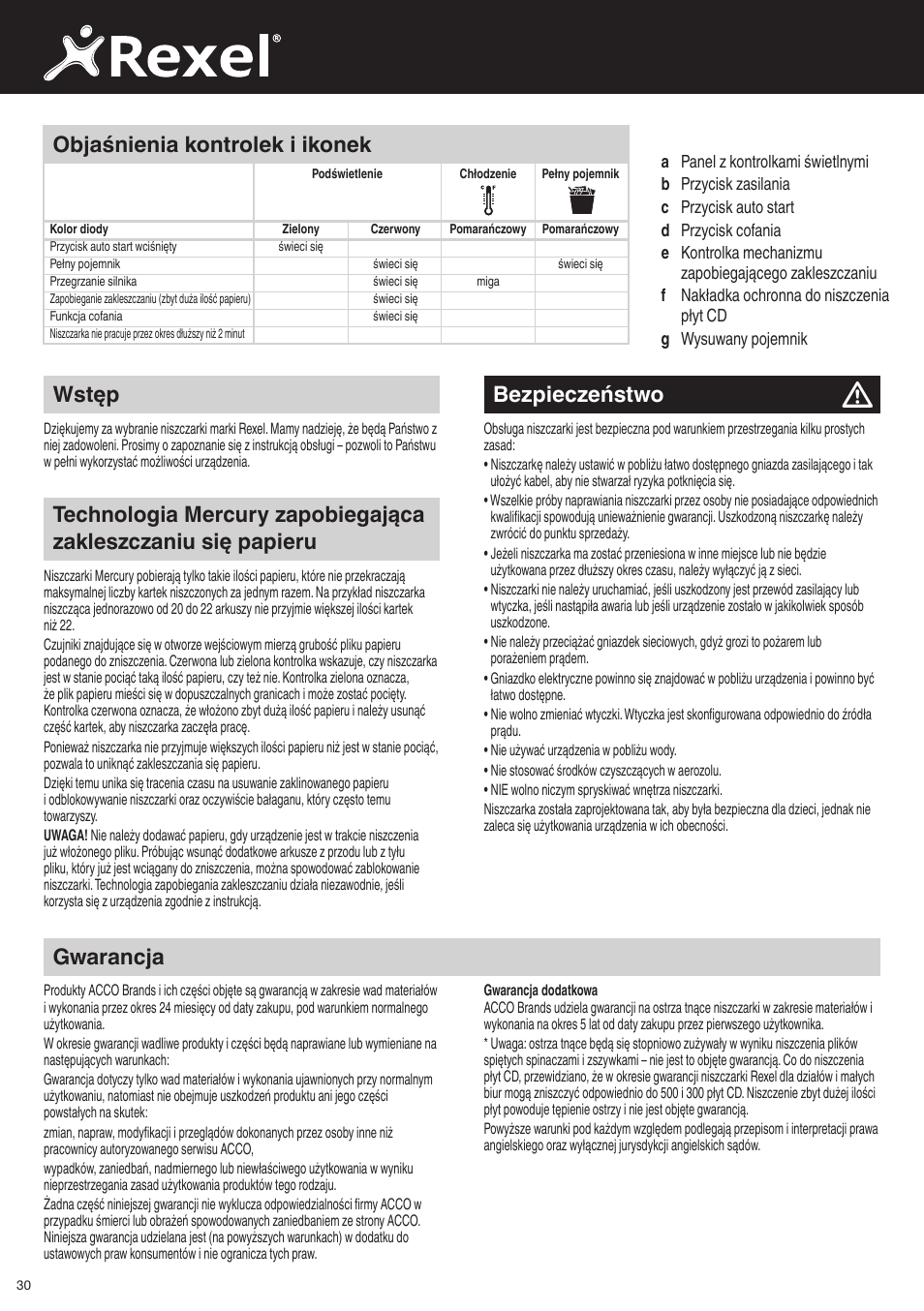Bezpieczeństwo, Gwarancja, Wstęp | Objaśnienia kontrolek i ikonek | Rexel Mercury RSX1834 User Manual | Page 30 / 42