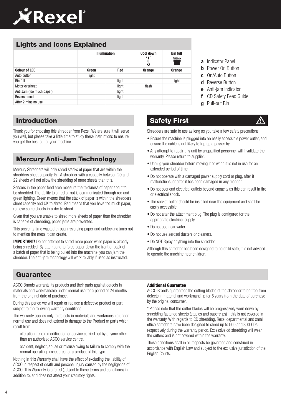 Mercury anti-jam technology, Guarantee, Safety first | Introduction, Lights and icons explained | Rexel Mercury RSX1834 User Manual | Page 4 / 42