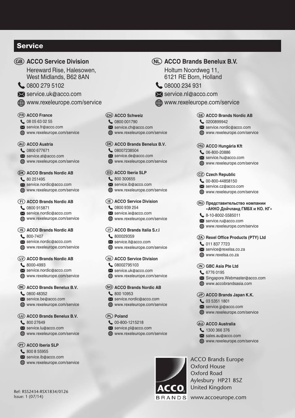 Service | Rexel Mercury RSX1834 User Manual | Page 42 / 42