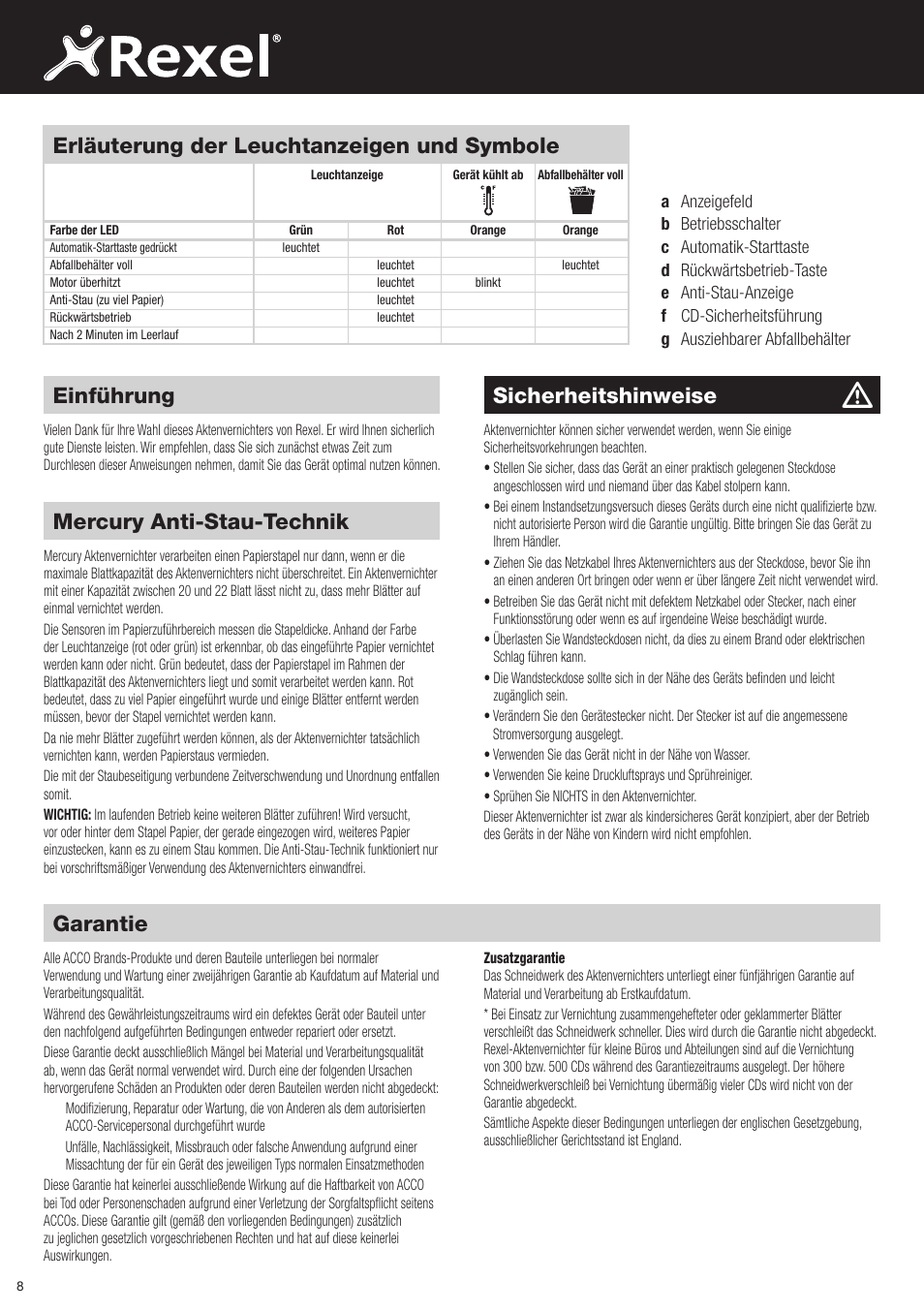 Sicherheitshinweise, Mercury anti-stau-technik, Garantie | Einführung, Erläuterung der leuchtanzeigen und symbole | Rexel Mercury RSX1834 User Manual | Page 8 / 42