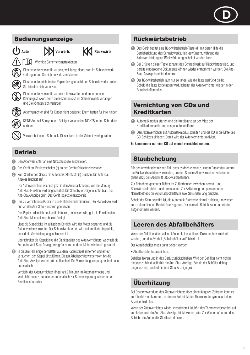 Rückwärtsbetrieb, Staubehebung, Leeren des abfallbehälters | Überhitzung, Betrieb, Vernichtung von cds und kreditkarten, Bedienungsanzeige | Rexel Mercury RSX1834 User Manual | Page 9 / 42