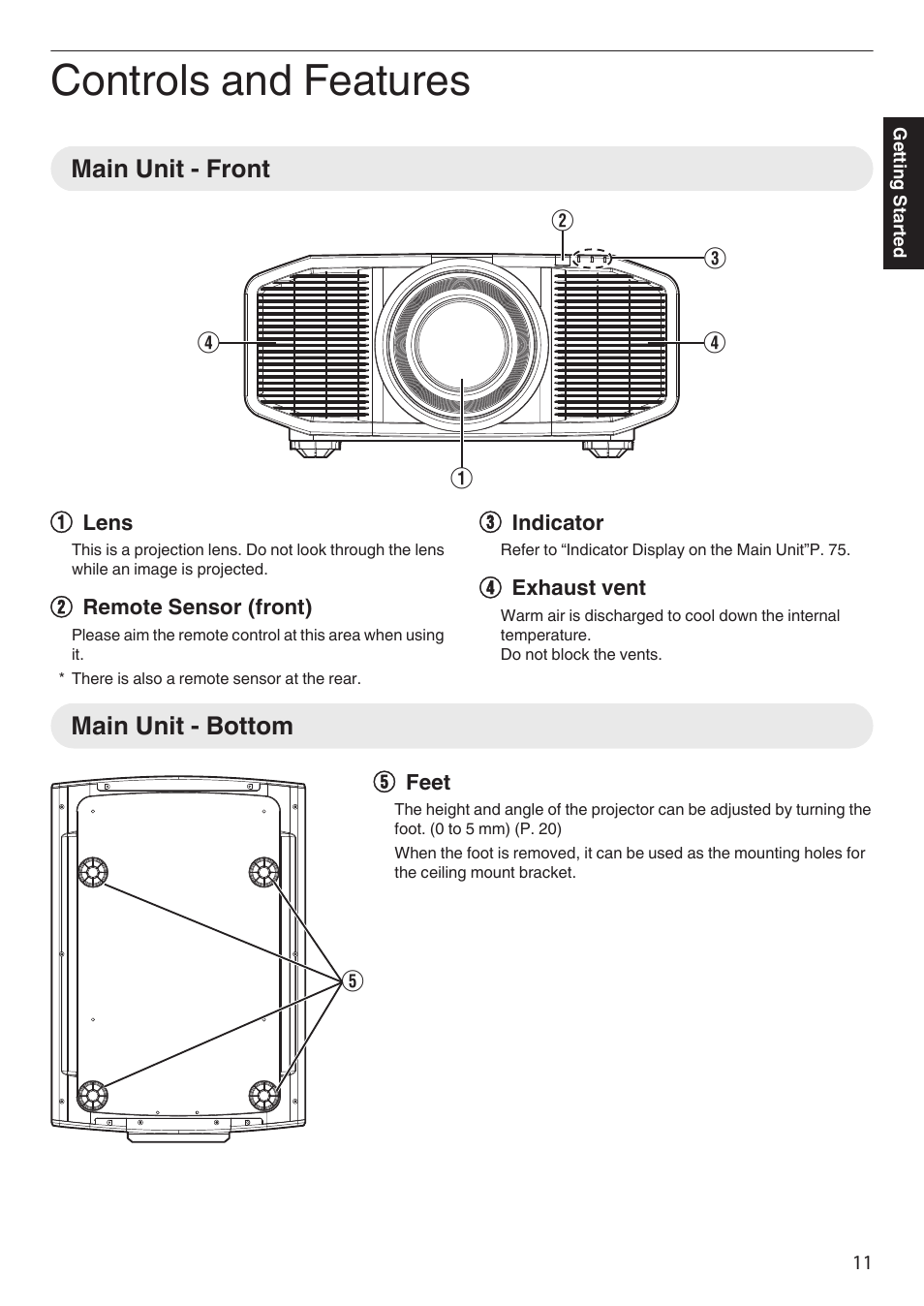 Controls and features, Main unit - front, Main unit - bottom | Main unit - front main unit - bottom | JVC DLA-Z1 User Manual | Page 11 / 80