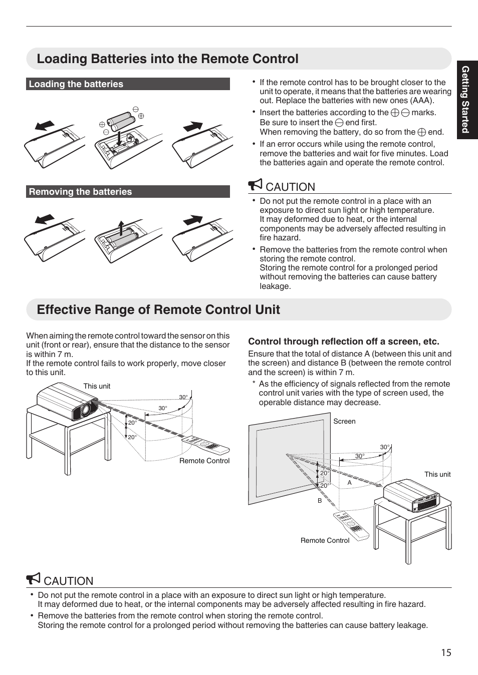 Loading batteries into the remote control, Effective range of remote control unit, Caution | JVC DLA-Z1 User Manual | Page 15 / 80