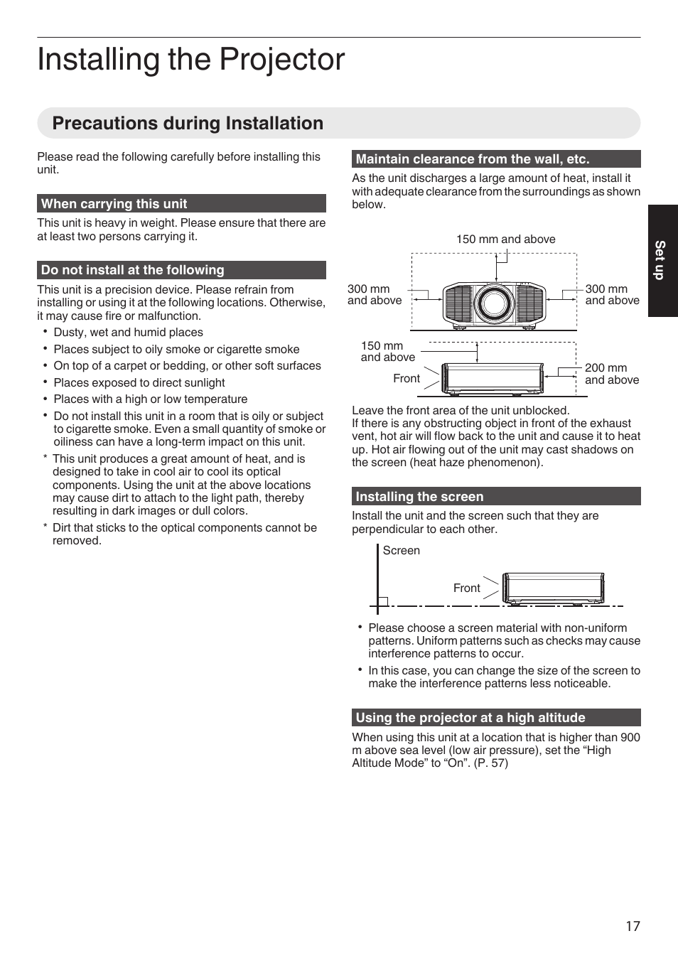 Set up, Installing the projector, Precautions during installation | JVC DLA-Z1 User Manual | Page 17 / 80