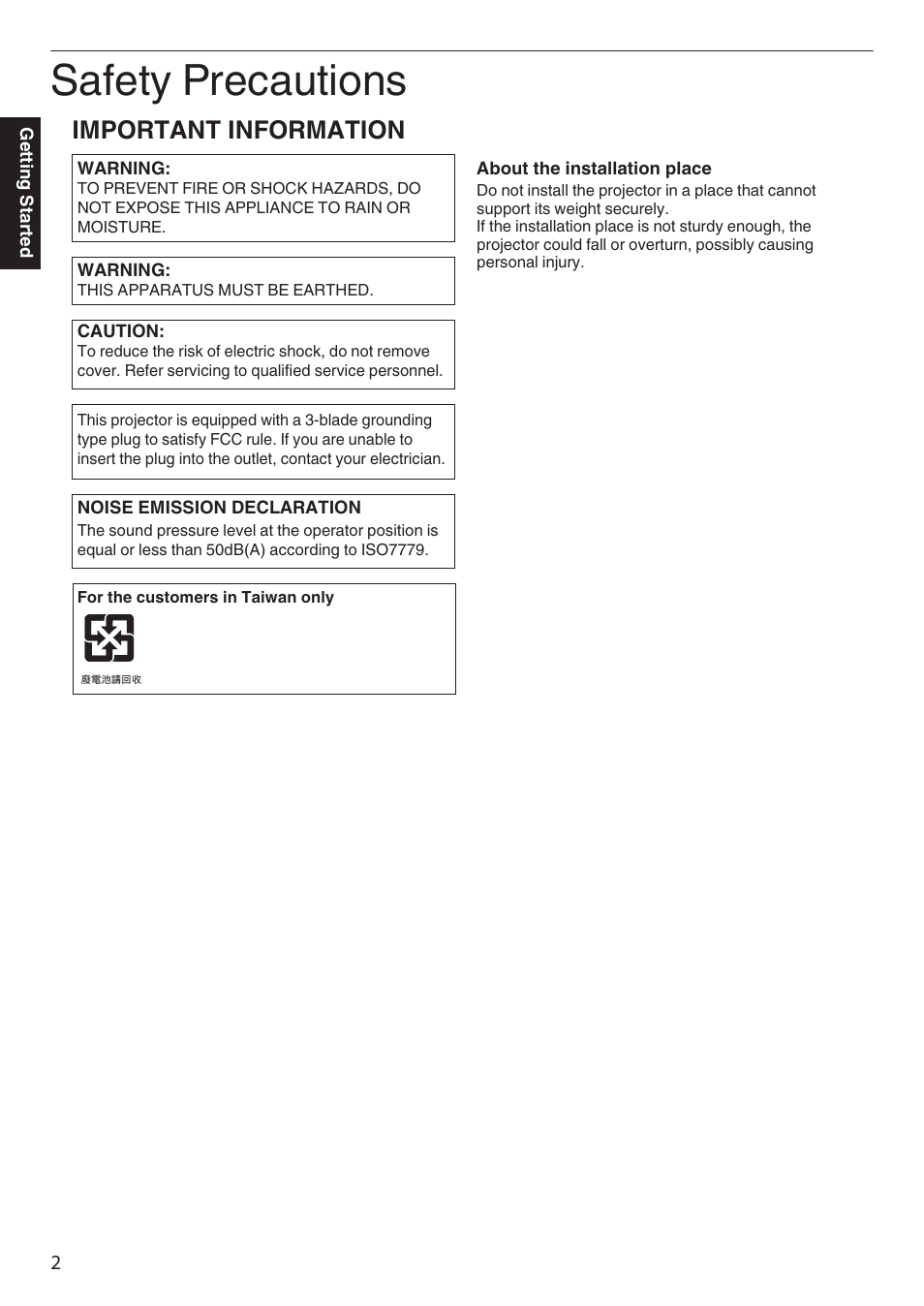 Getting started, Safety precautions, Important information | JVC DLA-Z1 User Manual | Page 2 / 80