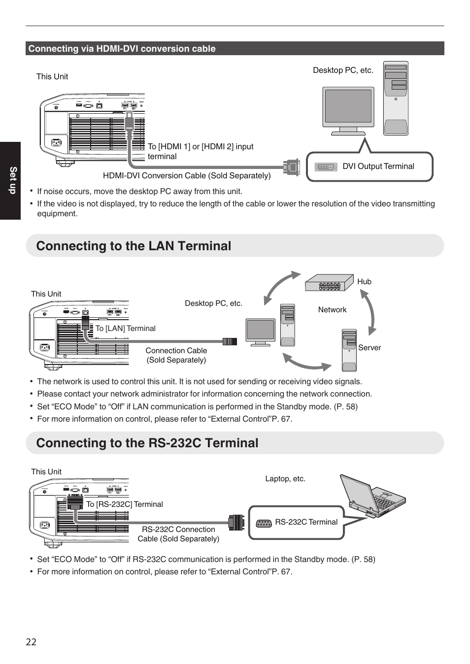 Connecting to the lan terminal, Connecting to the rs-232c terminal | JVC DLA-Z1 User Manual | Page 22 / 80