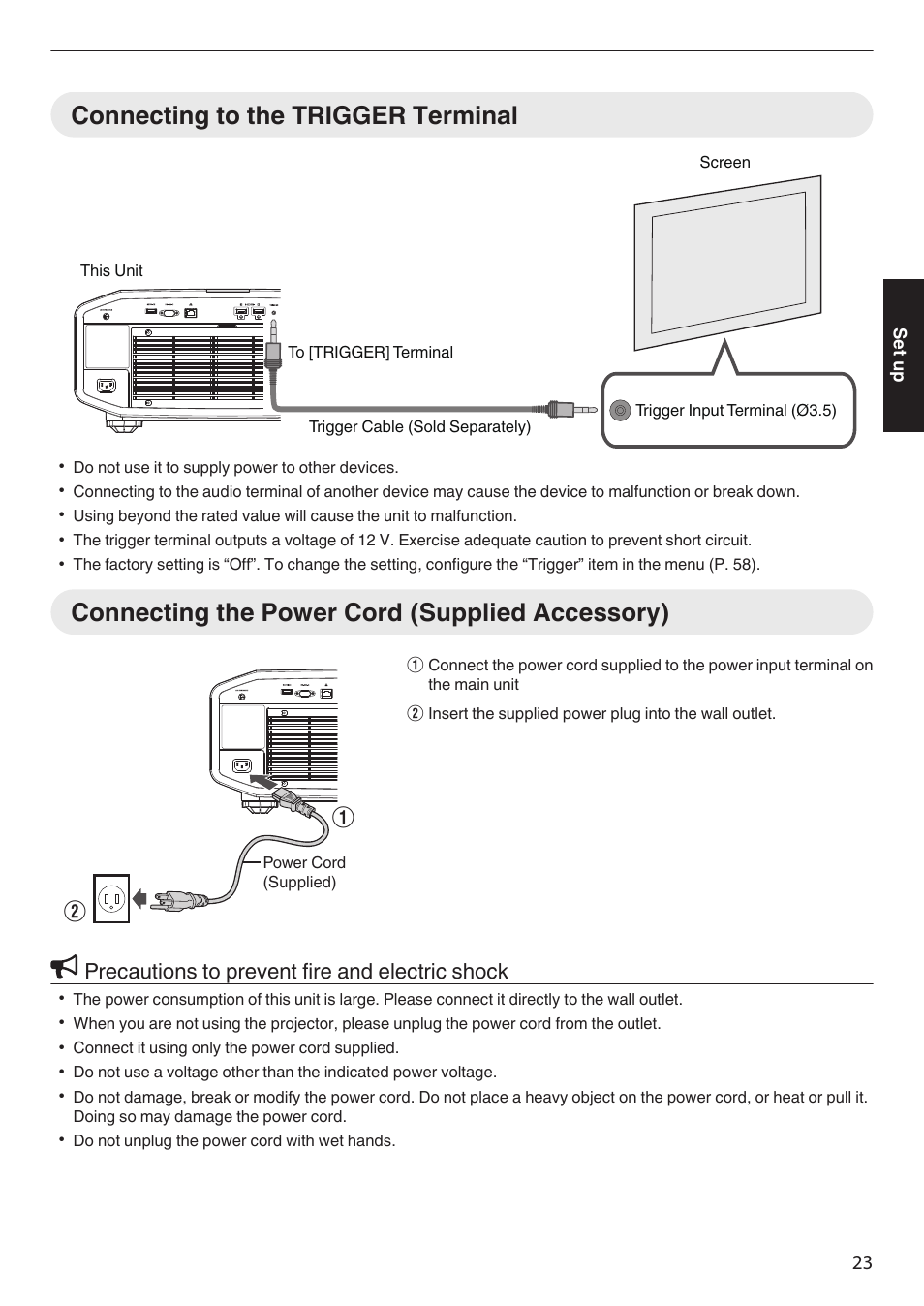Connecting to the trigger terminal, Connecting the power cord (supplied accessory), Precautions to prevent fire and electric shock | JVC DLA-Z1 User Manual | Page 23 / 80