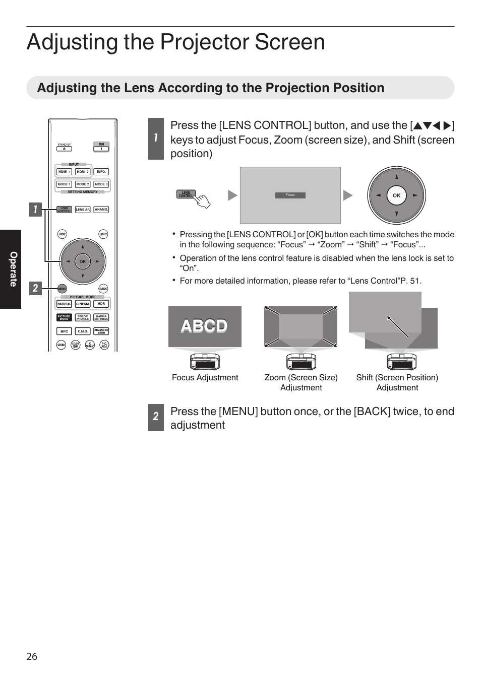 Adjusting the projector screen, Adjusting the lens according to the projection, Position | Shift. (p. 26, Abcd | JVC DLA-Z1 User Manual | Page 26 / 80