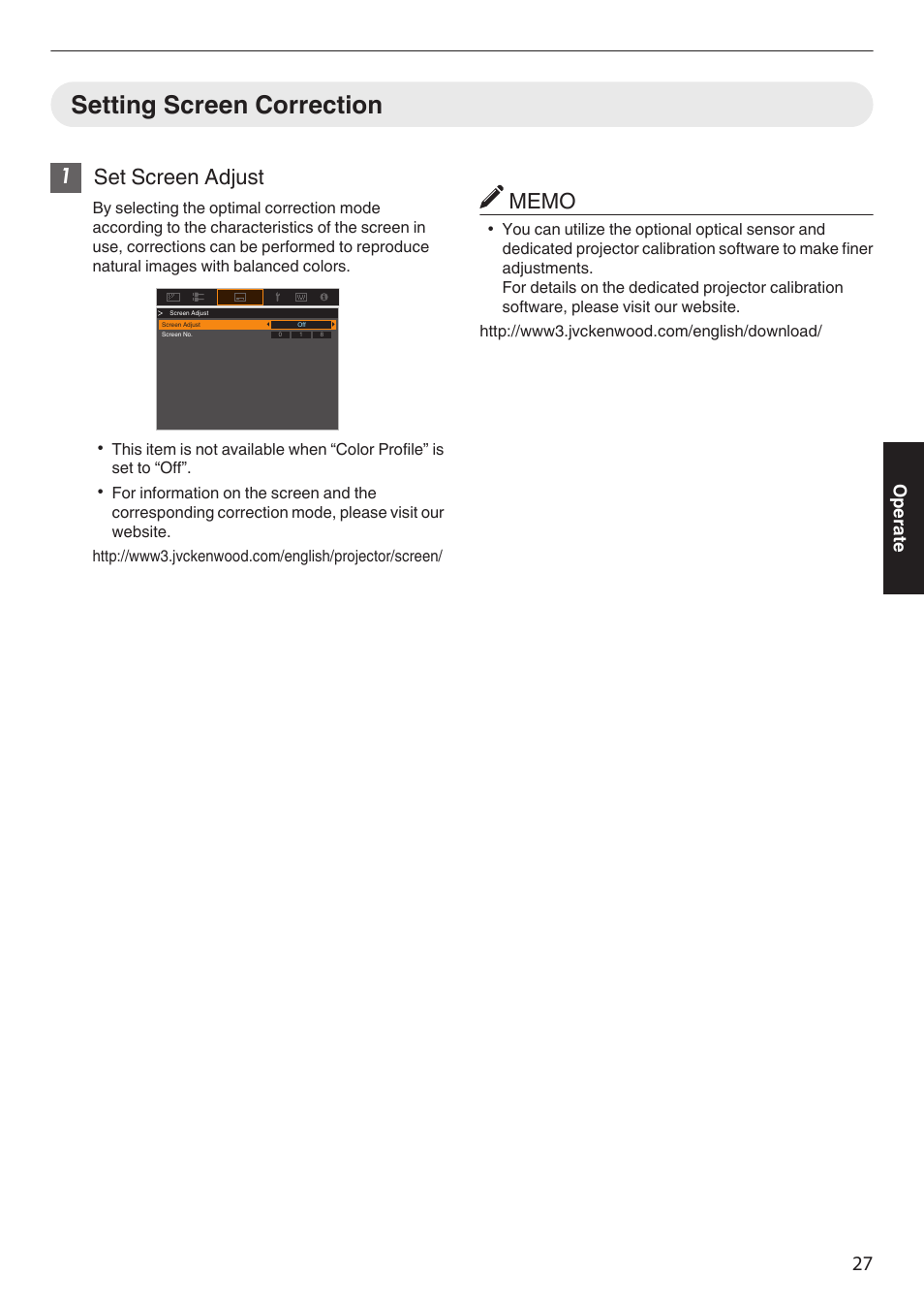 Setting screen correction, 1set screen adjust, Operate | JVC DLA-Z1 User Manual | Page 27 / 80