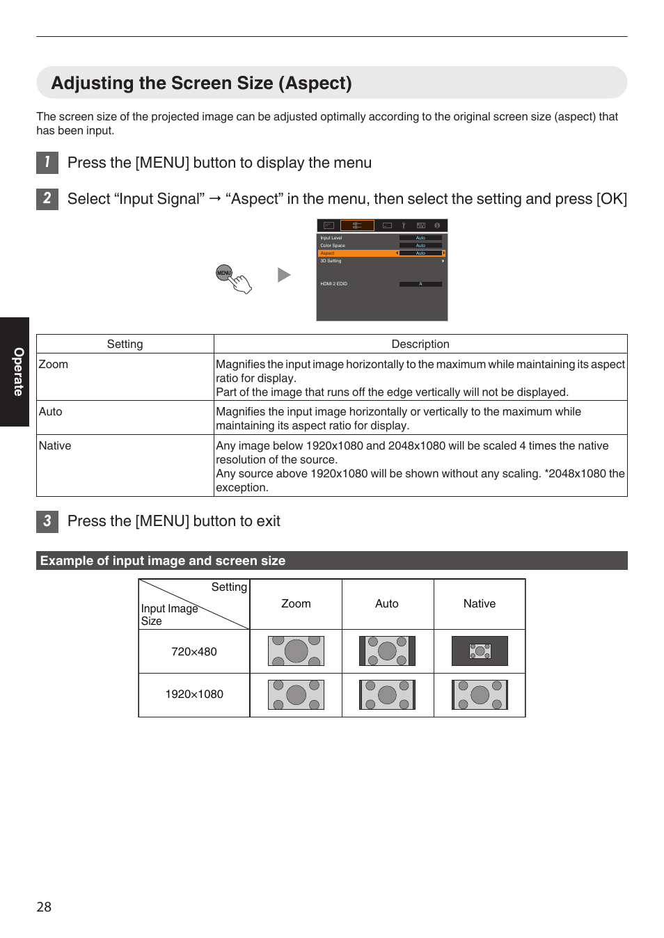 Adjusting the screen size (aspect), 3press the [menu] button to exit | JVC DLA-Z1 User Manual | Page 28 / 80