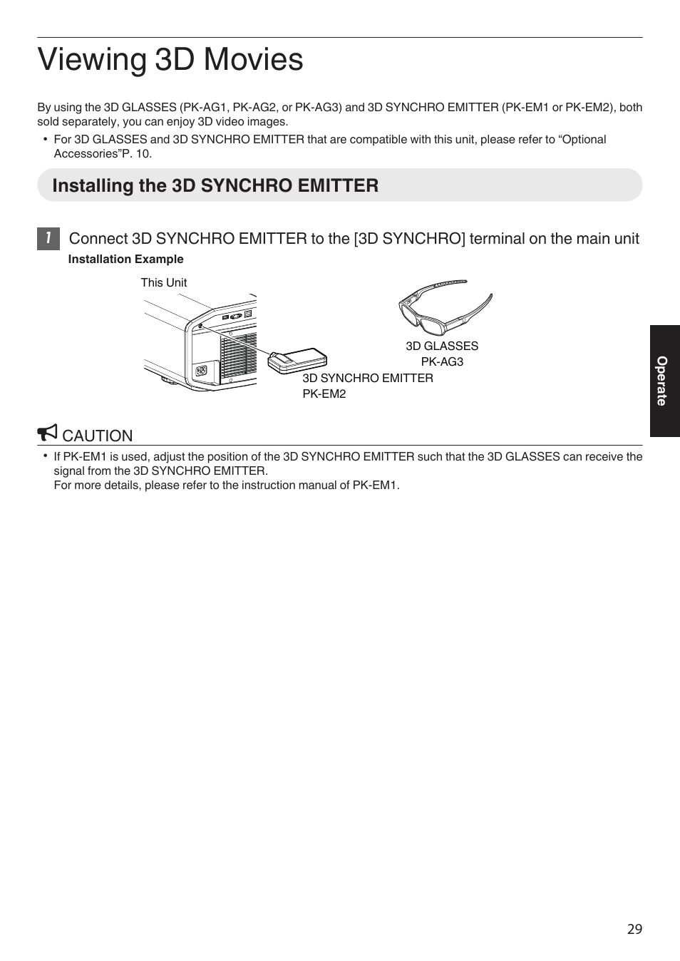 Viewing 3d movies, Installing the 3d synchro emitter, Caution | JVC DLA-Z1 User Manual | Page 29 / 80