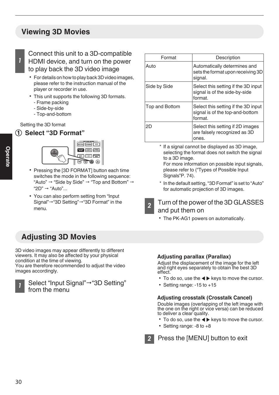 Viewing 3d movies, Adjusting 3d movies, Viewing 3d movies adjusting 3d movies | P. 30), Aselect “3d format, 1select “input signal”"“3d setting” from the menu, 2press the [menu] button to exit | JVC DLA-Z1 User Manual | Page 30 / 80