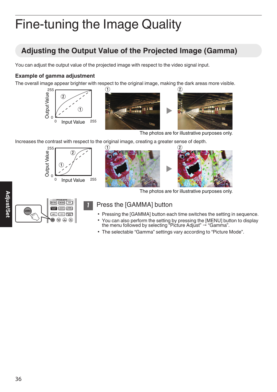 Fine-tuning the image quality, Adjusting the output value of the projected image, Gamma) | Switches the gamut. (p. 36), 1press the [gamma] button, Example of gamma adjustment, Adjust/set | JVC DLA-Z1 User Manual | Page 36 / 80