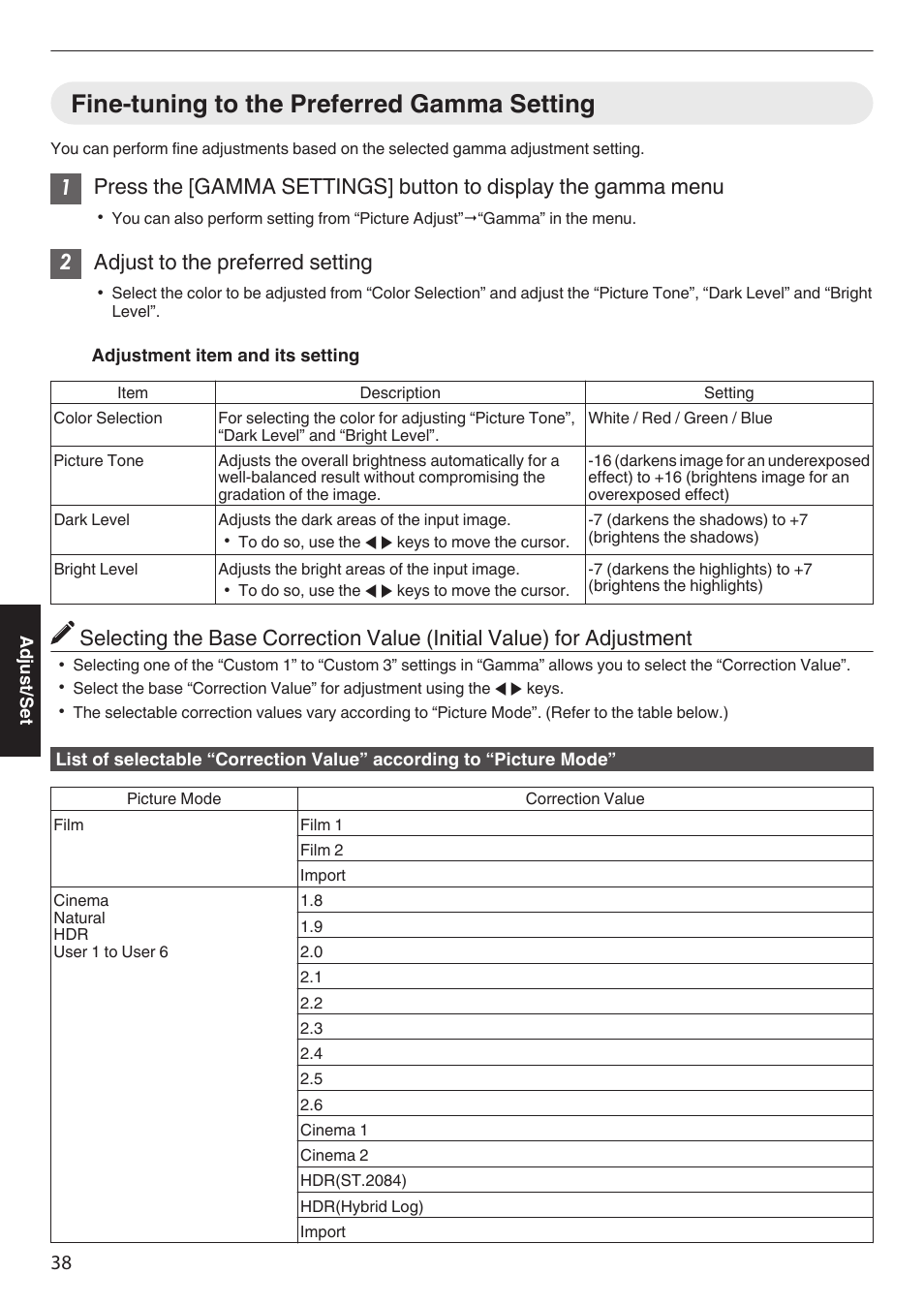 Fine-tuning to the preferred gamma setting, 2adjust to the preferred setting | JVC DLA-Z1 User Manual | Page 38 / 80