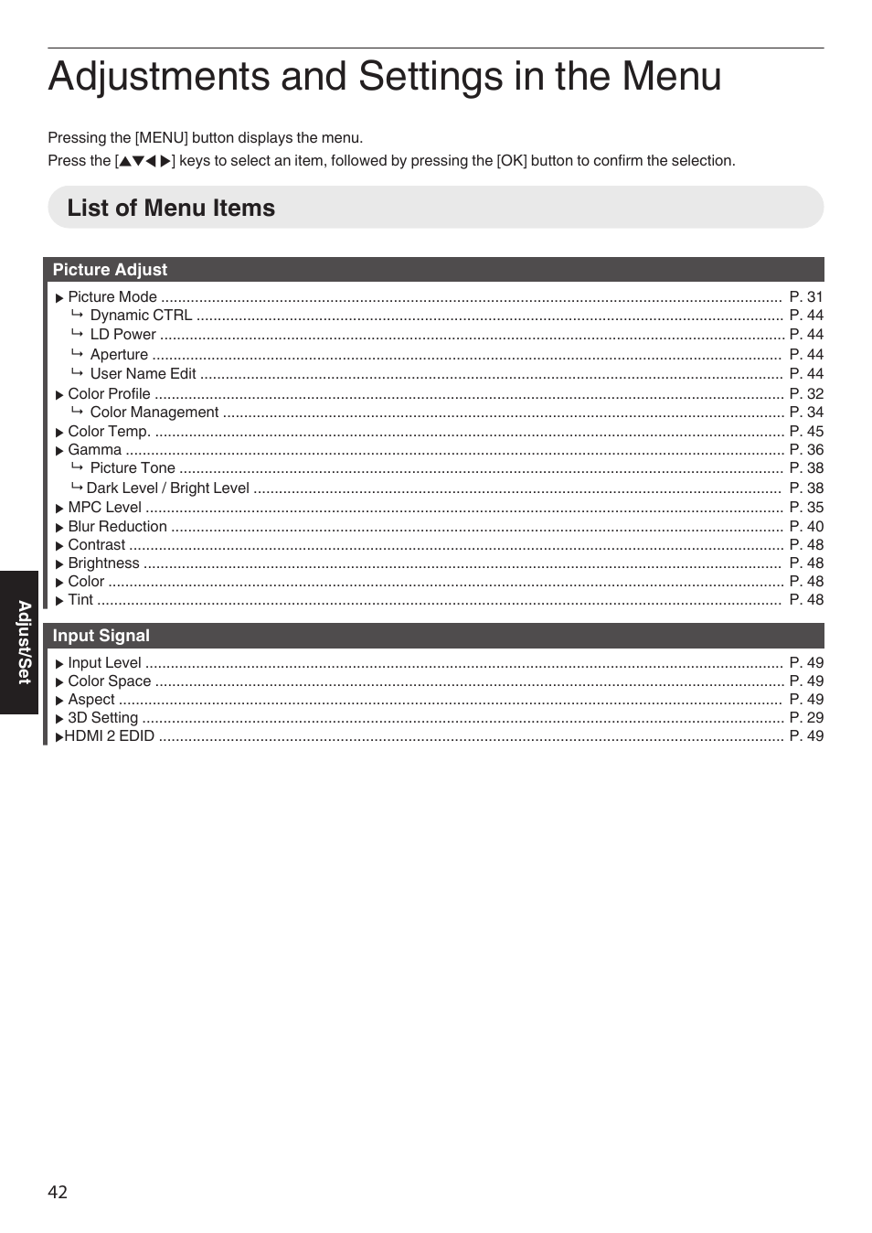 Adjustments and settings in the menu, List of menu items | JVC DLA-Z1 User Manual | Page 42 / 80