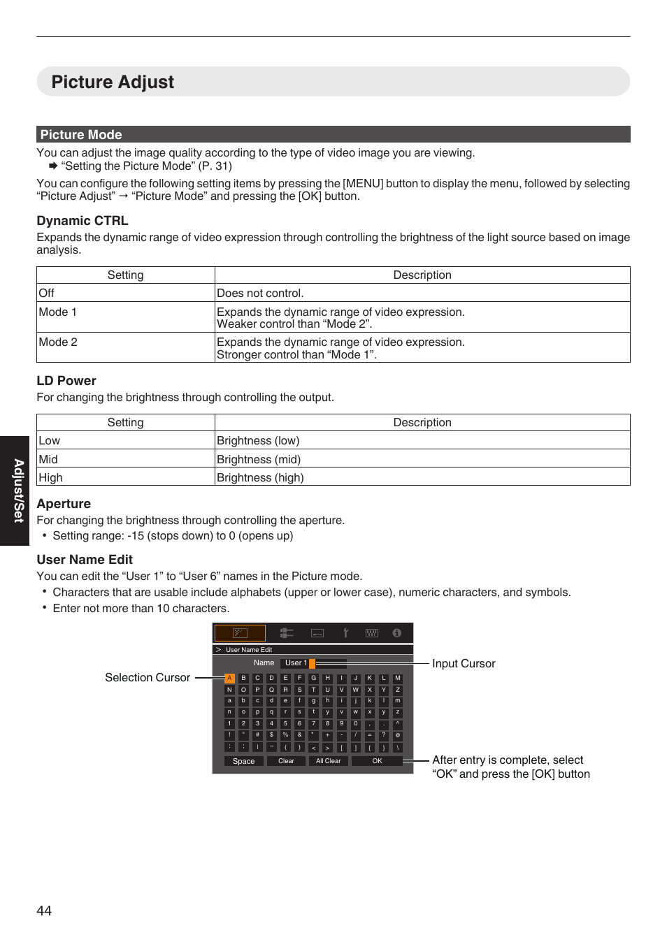 Picture adjust, For setting the aperture. (p. 44, P. 44 | Picture mode, Dynamic ctrl, Ld power, Aperture, User name edit, Adjust/set, Setting range: -15 (stops down) to 0 (opens up) | JVC DLA-Z1 User Manual | Page 44 / 80