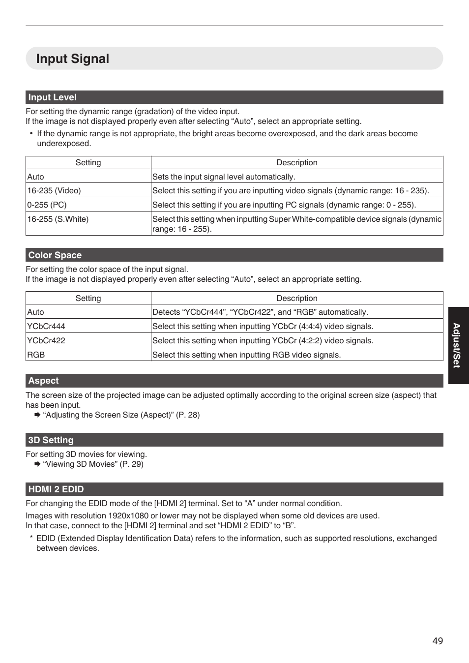 Input signal, P. 49 | JVC DLA-Z1 User Manual | Page 49 / 80