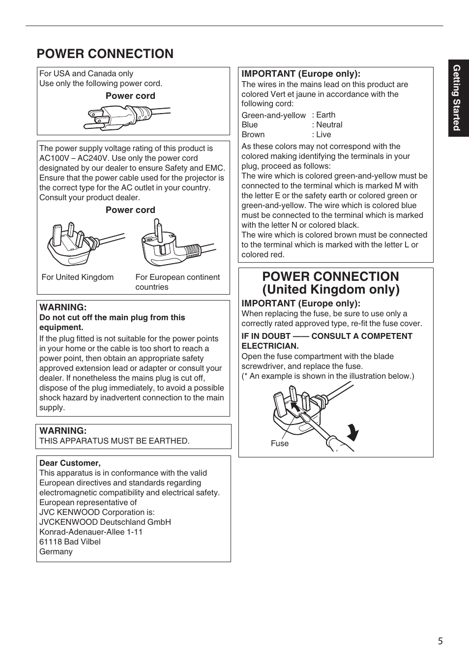 Power connection, Power connection (united kingdom only) | JVC DLA-Z1 User Manual | Page 5 / 80