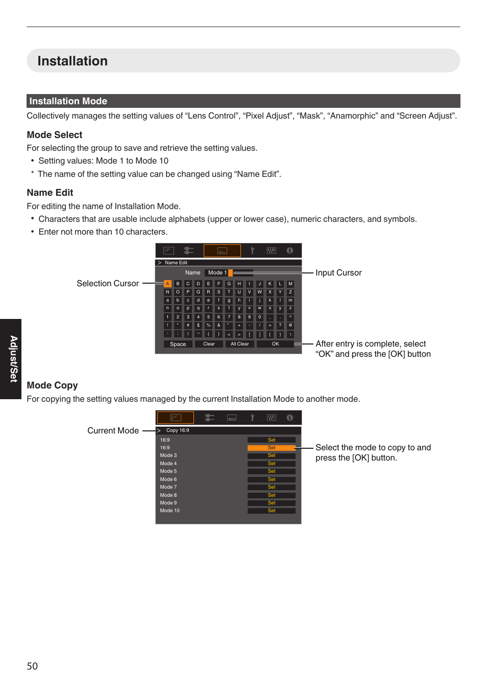 Installation, P. 50, Installation mode | Mode select, Name edit, Mode copy, Adjust/set, For editing the name of installation mode, Enter not more than 10 characters | JVC DLA-Z1 User Manual | Page 50 / 80