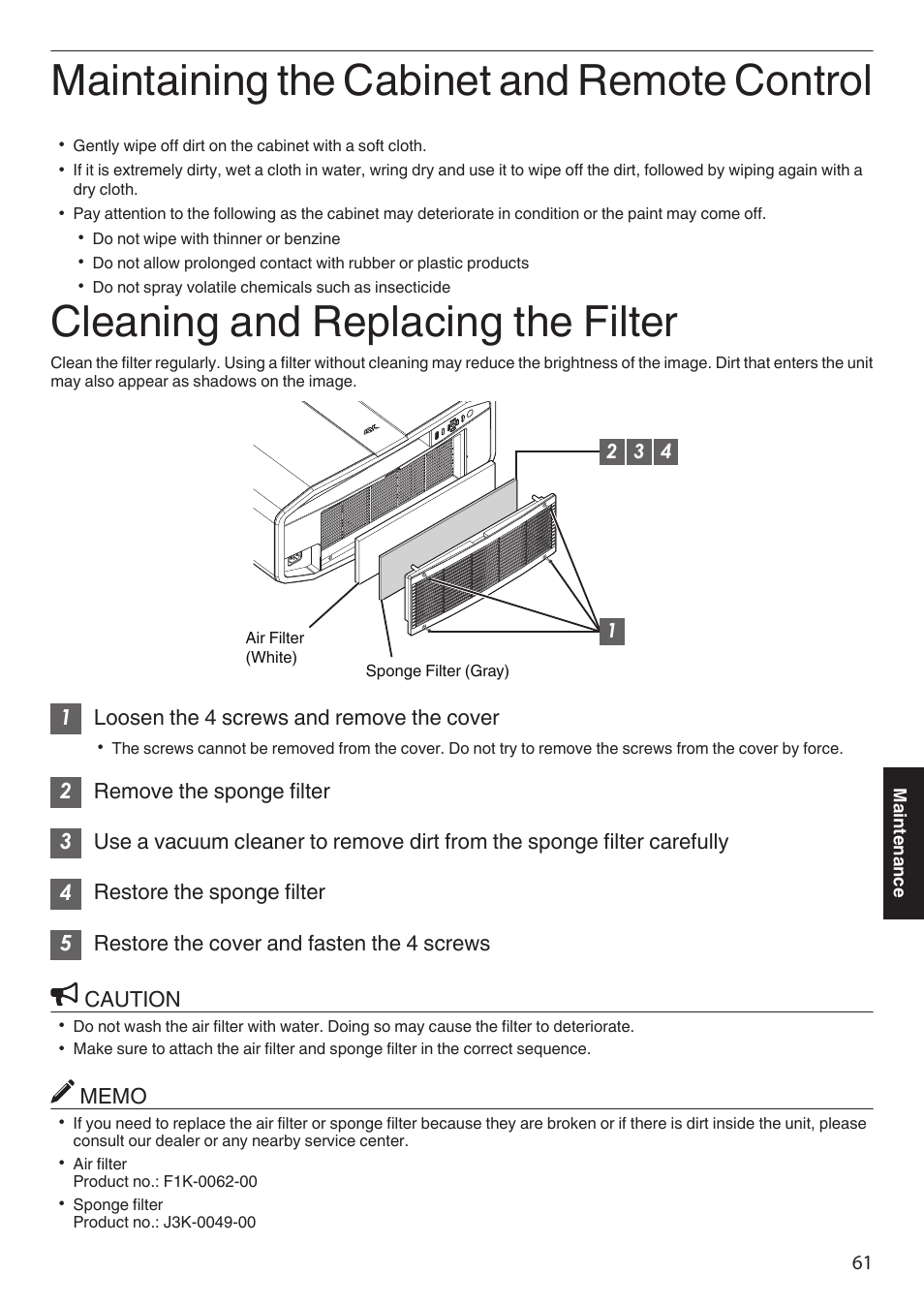 Maintenance, Maintaining the cabinet and remote control, Cleaning and replacing the filter | 1loosen the 4 screws and remove the cover | JVC DLA-Z1 User Manual | Page 61 / 80