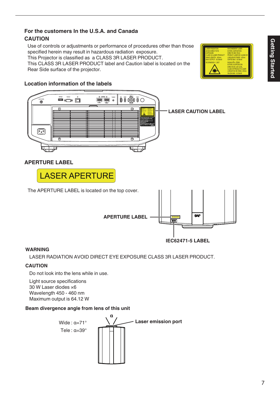 Laser aperture, Aperture label, Getting started | JVC DLA-Z1 User Manual | Page 7 / 80