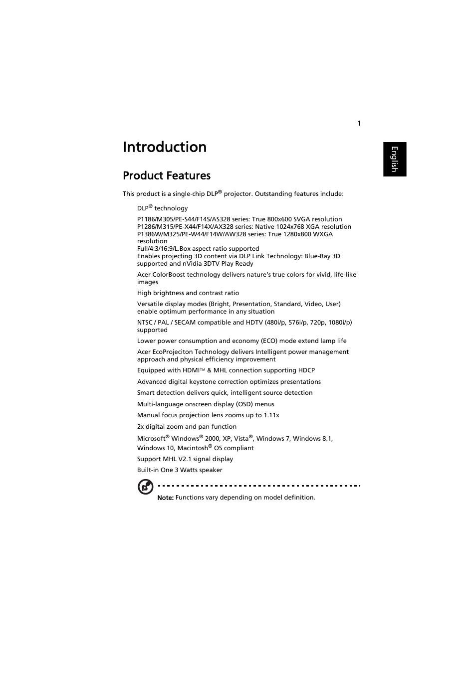 Introduction, Product features | Acer P1186 User Manual | Page 11 / 59