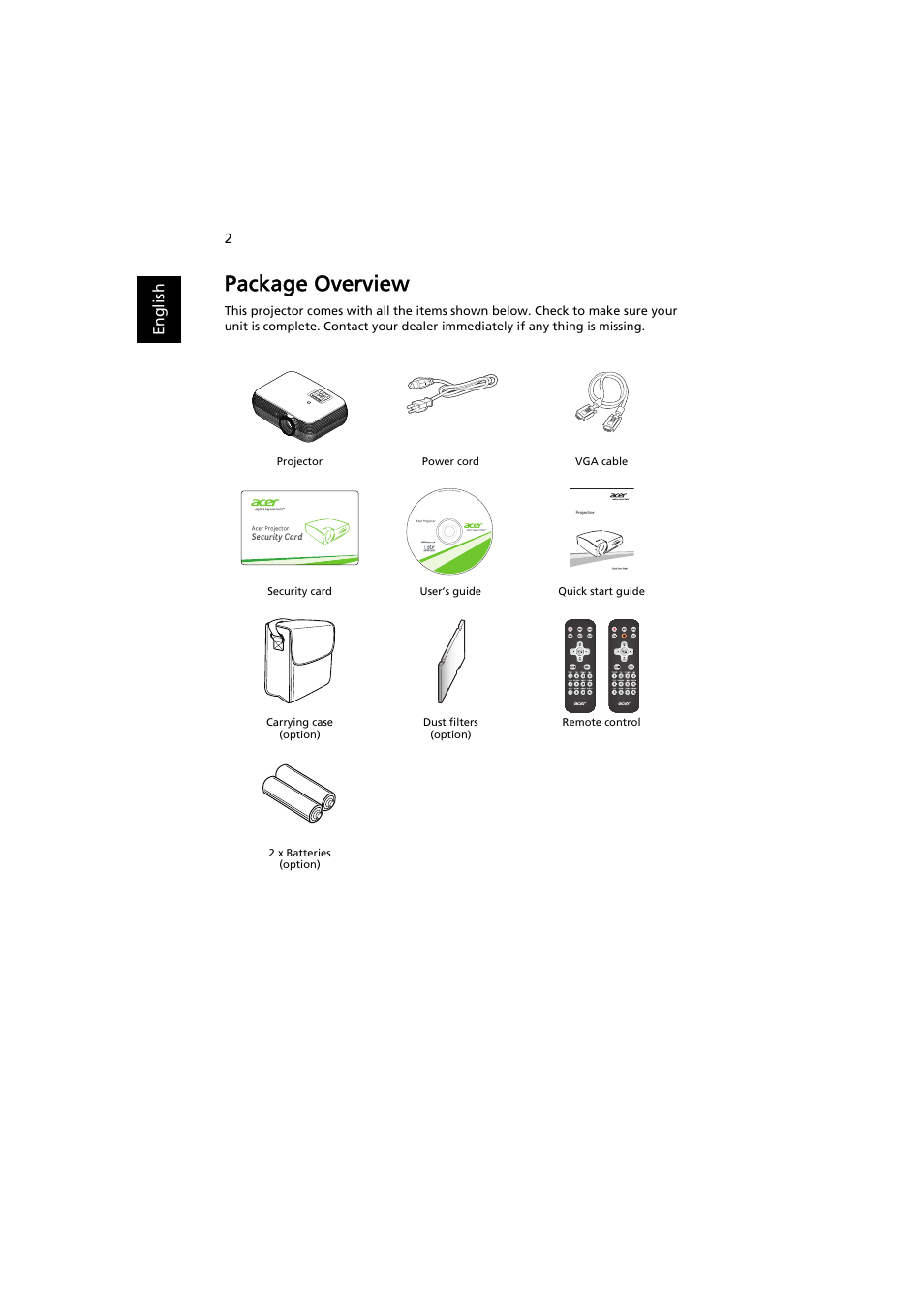 Package overview, En gl ish | Acer P1186 User Manual | Page 12 / 59