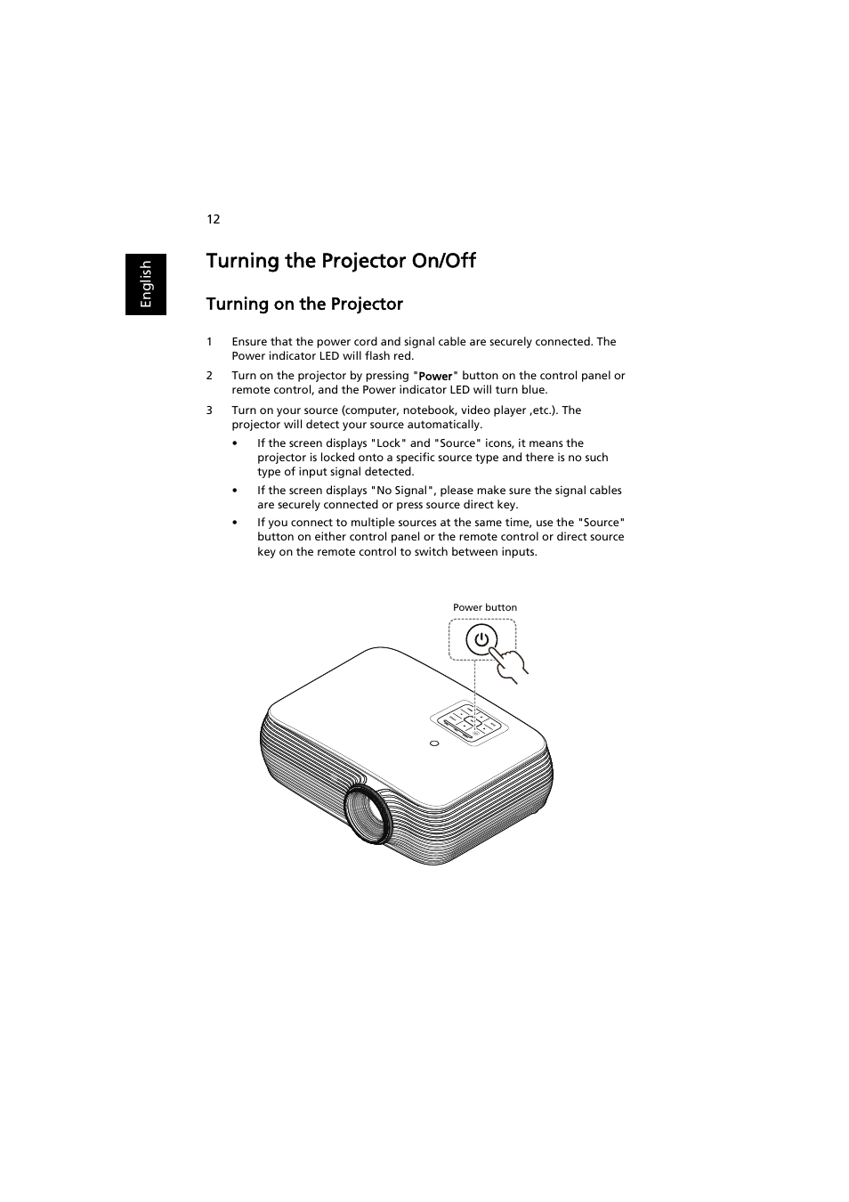 Turning the projector on/off, Turning on the projector | Acer P1186 User Manual | Page 22 / 59