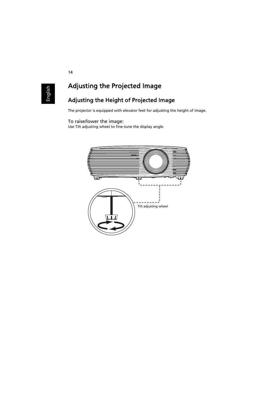 Adjusting the projected image, Adjusting the height of projected image | Acer P1186 User Manual | Page 24 / 59