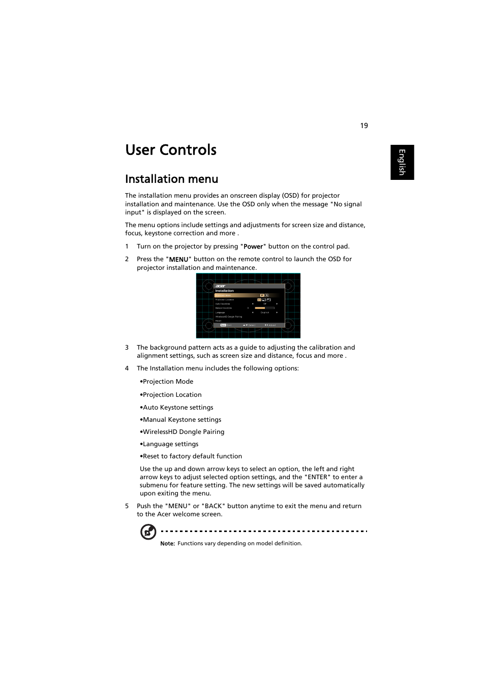 User controls, Installation menu | Acer P1186 User Manual | Page 29 / 59