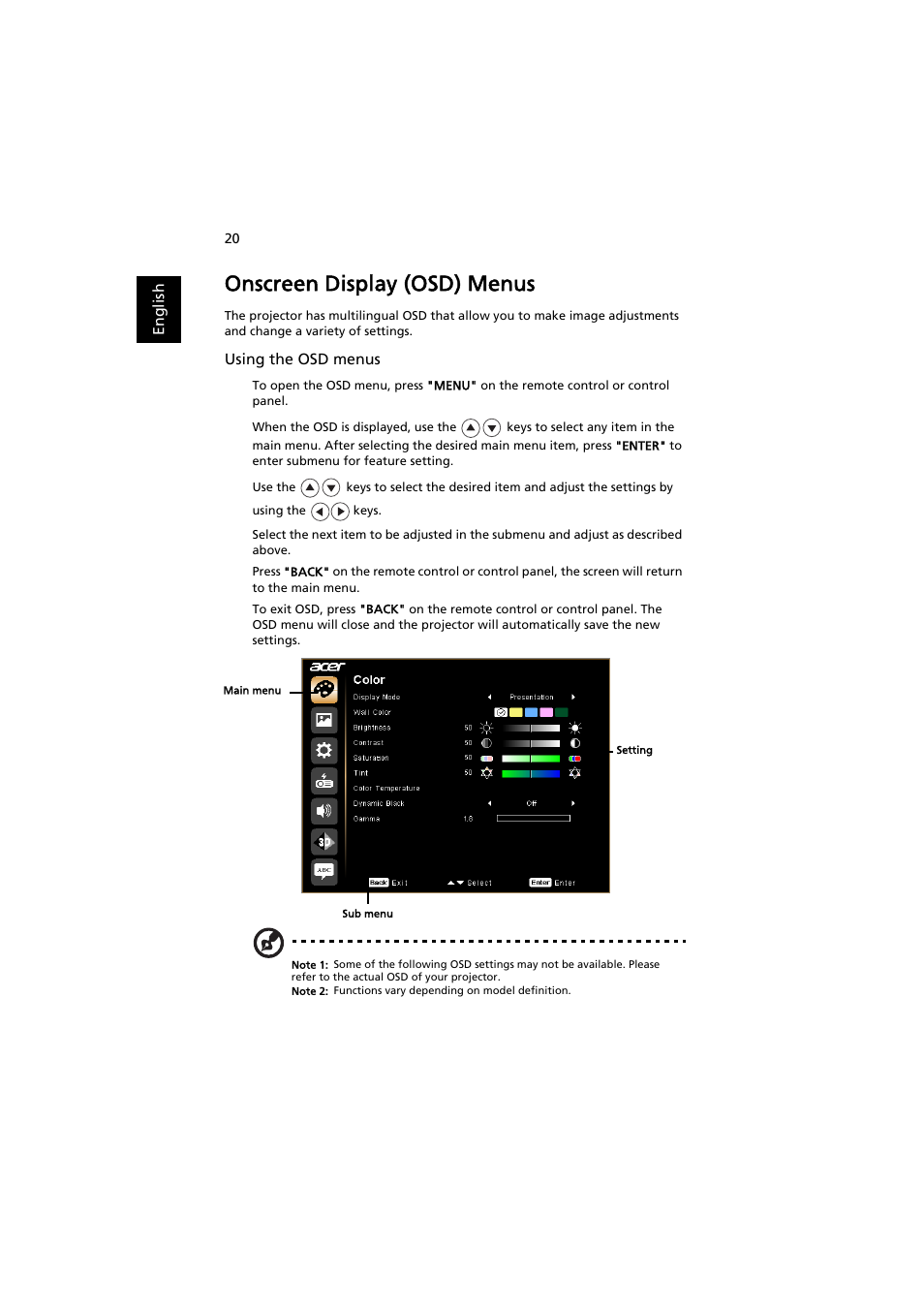 Onscreen display (osd) menus | Acer P1186 User Manual | Page 30 / 59