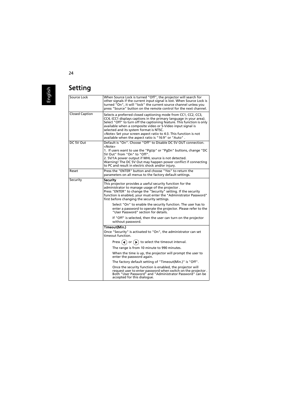 Setting, En gl ish | Acer P1186 User Manual | Page 34 / 59