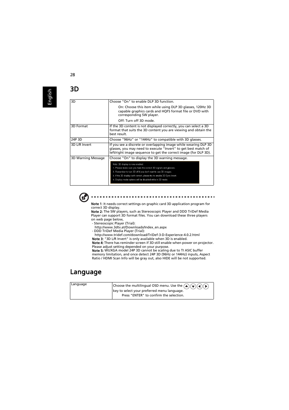 Language, En gl ish | Acer P1186 User Manual | Page 38 / 59