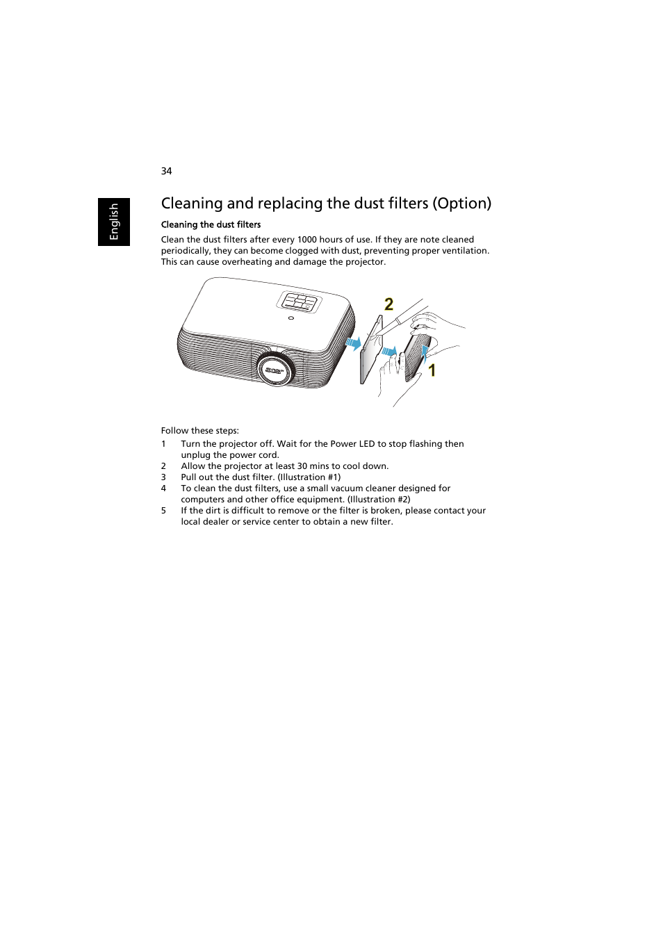 Cleaning and replacing the dust filters (option) | Acer P1186 User Manual | Page 44 / 59